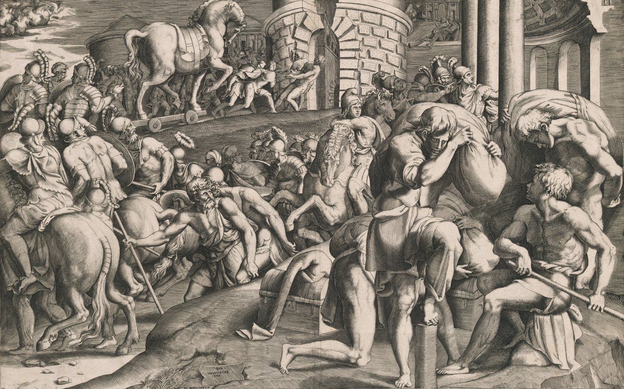 Os troianos puxando o cavalo de madeira para a cidade, 1545. de Giulio Bonasone