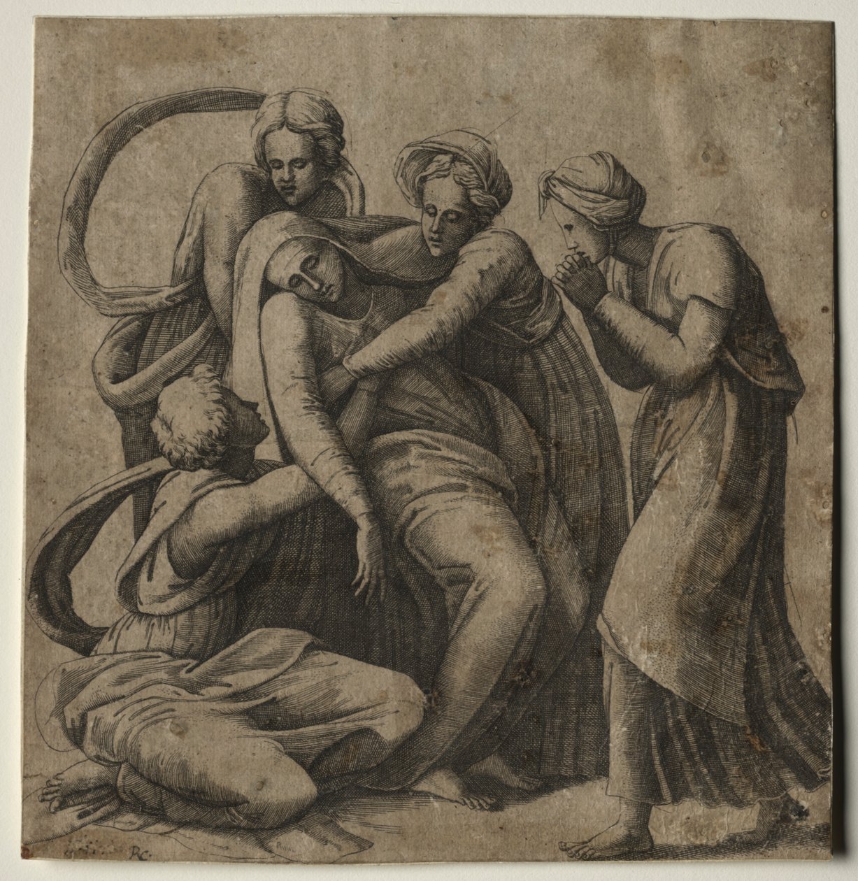 A Virgem desmaiando nos braços de três mulheres sagradas. de Giulio Bonasone