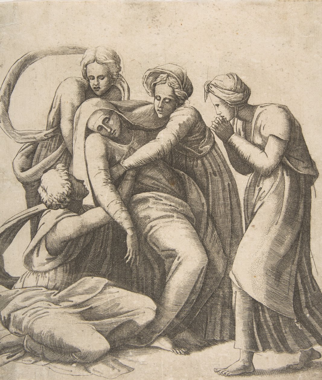 A Virgem desmaiada e apoiada nos braços das santas mulheres, 1531-76. de Giulio Bonasone