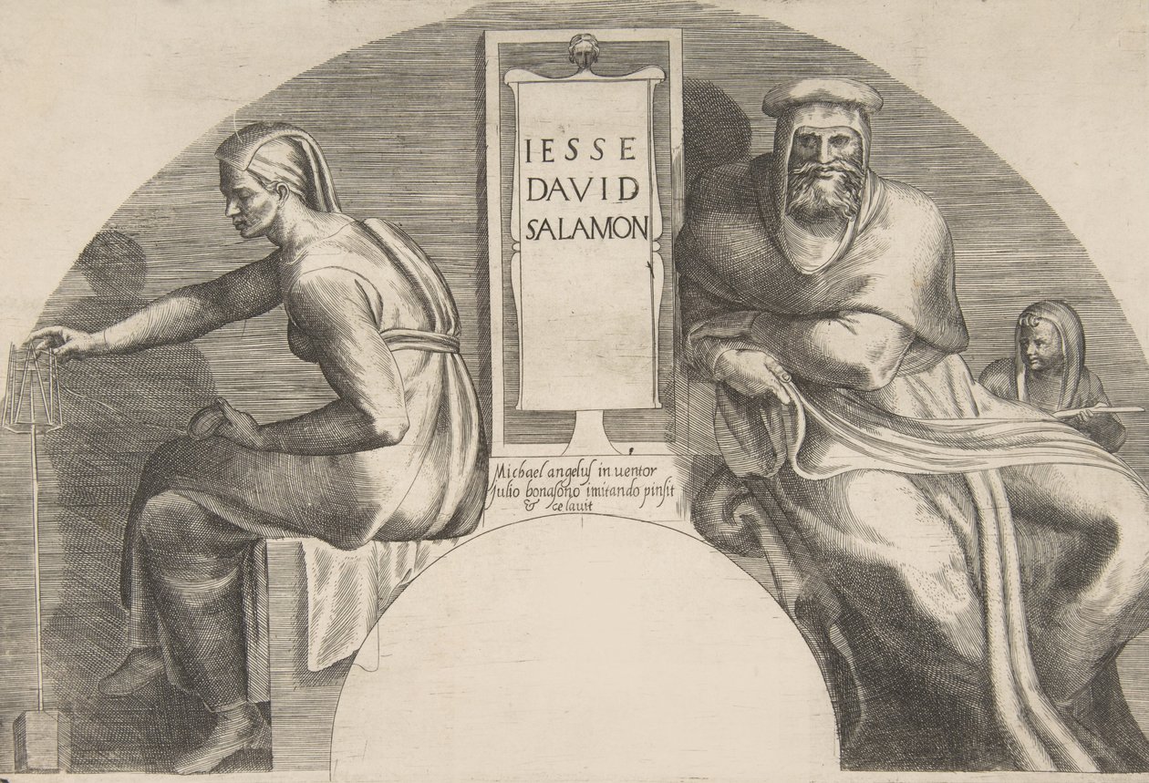 Os ancestrais de Cristo flanqueando uma tabuinha inscrita, uma composição de topo em arco, 1531-76. de Giulio Bonasone