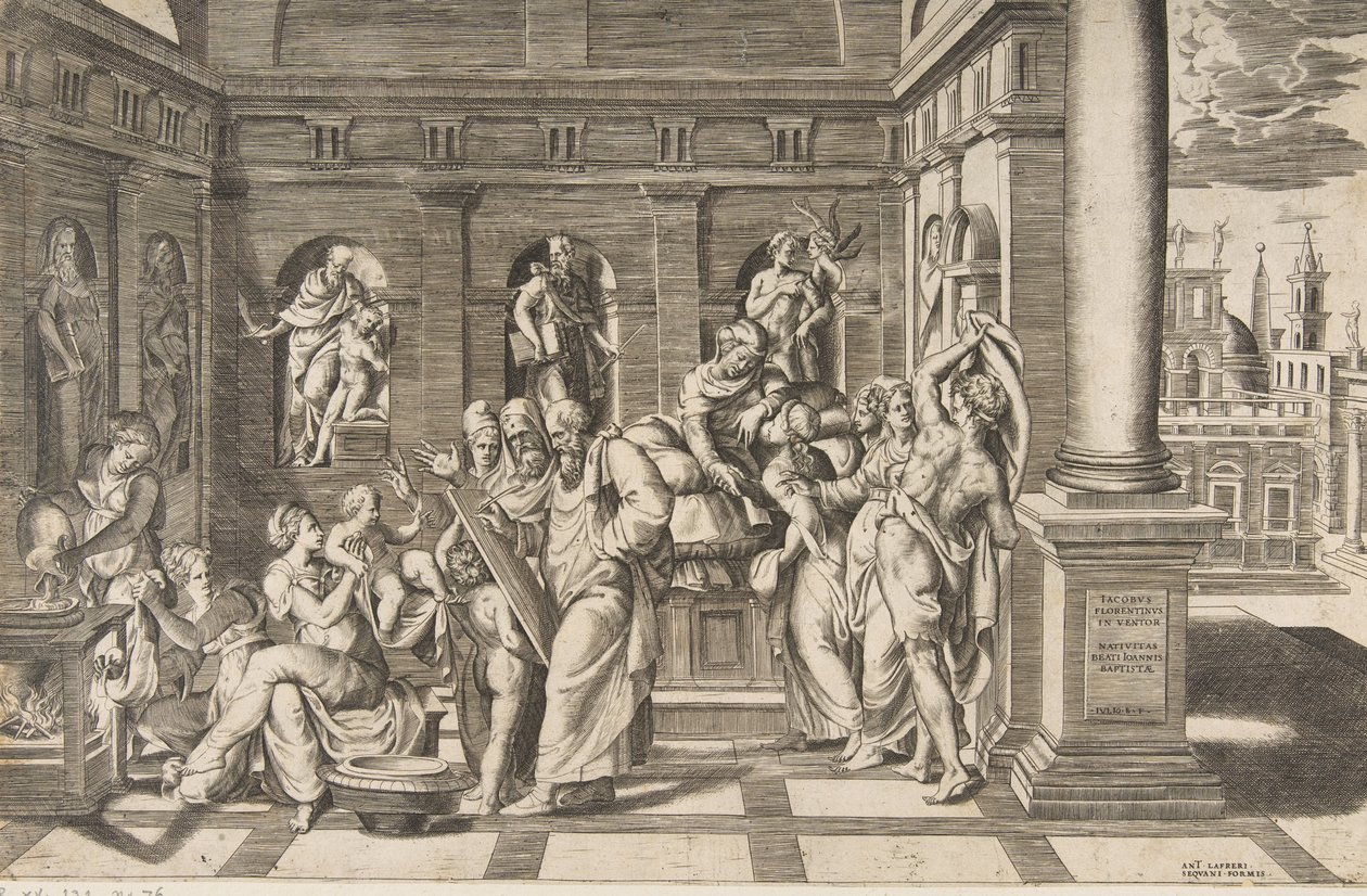 O nascimento de São João Batista em um edifício clássico, ca 1531-76 de Giulio Bonasone