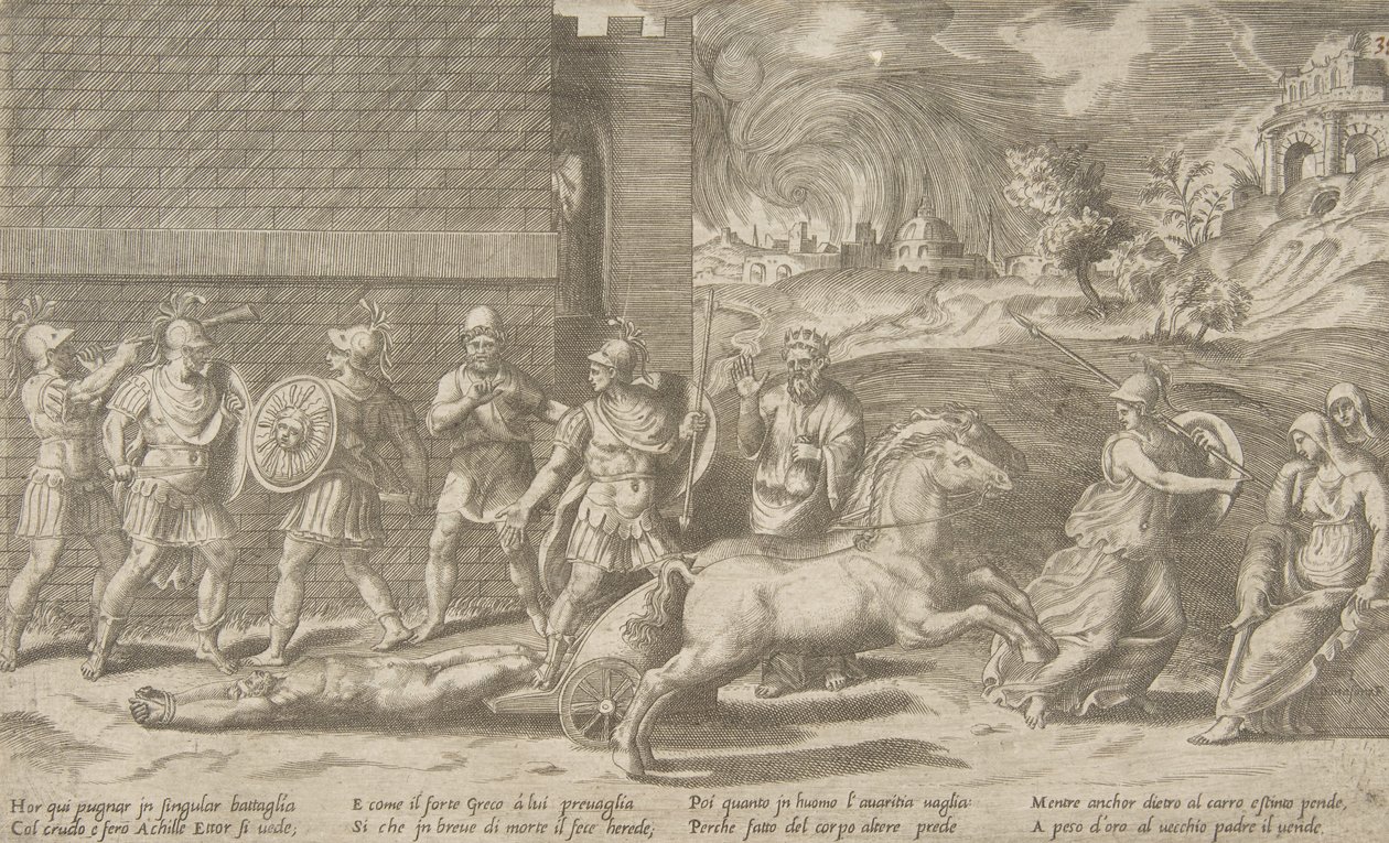 O combate de Heitor e Aquiles, e Aquiles arrastando o corpo de Heitor pelo ..., 1531-76. de Giulio Bonasone