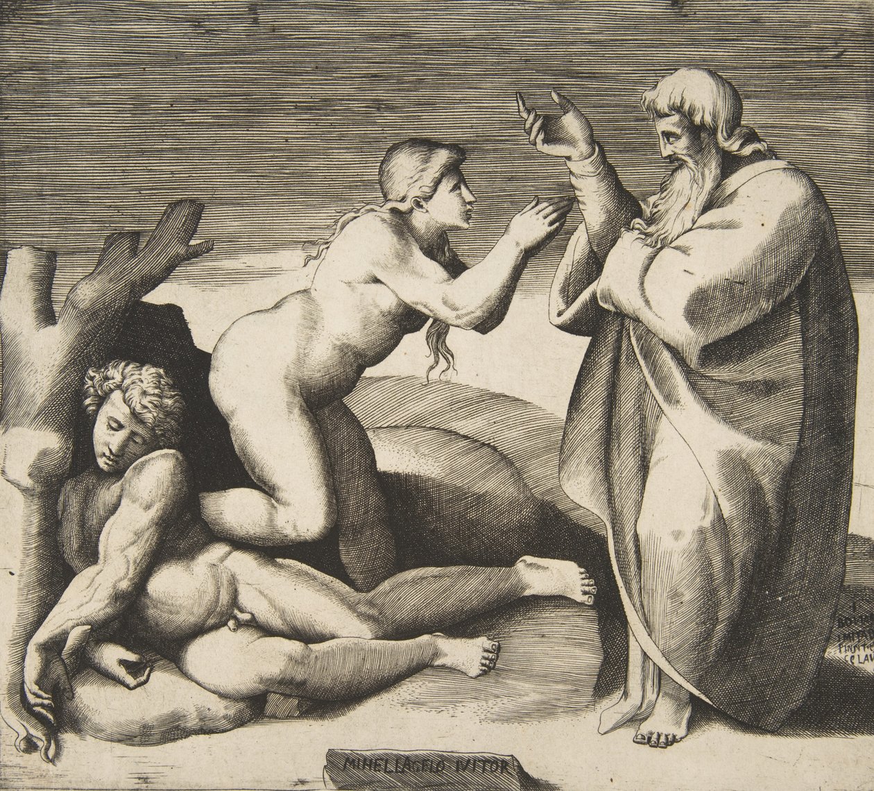 A criação de Eva que emerge por trás de Adão, ca. 1530-70. de Giulio Bonasone