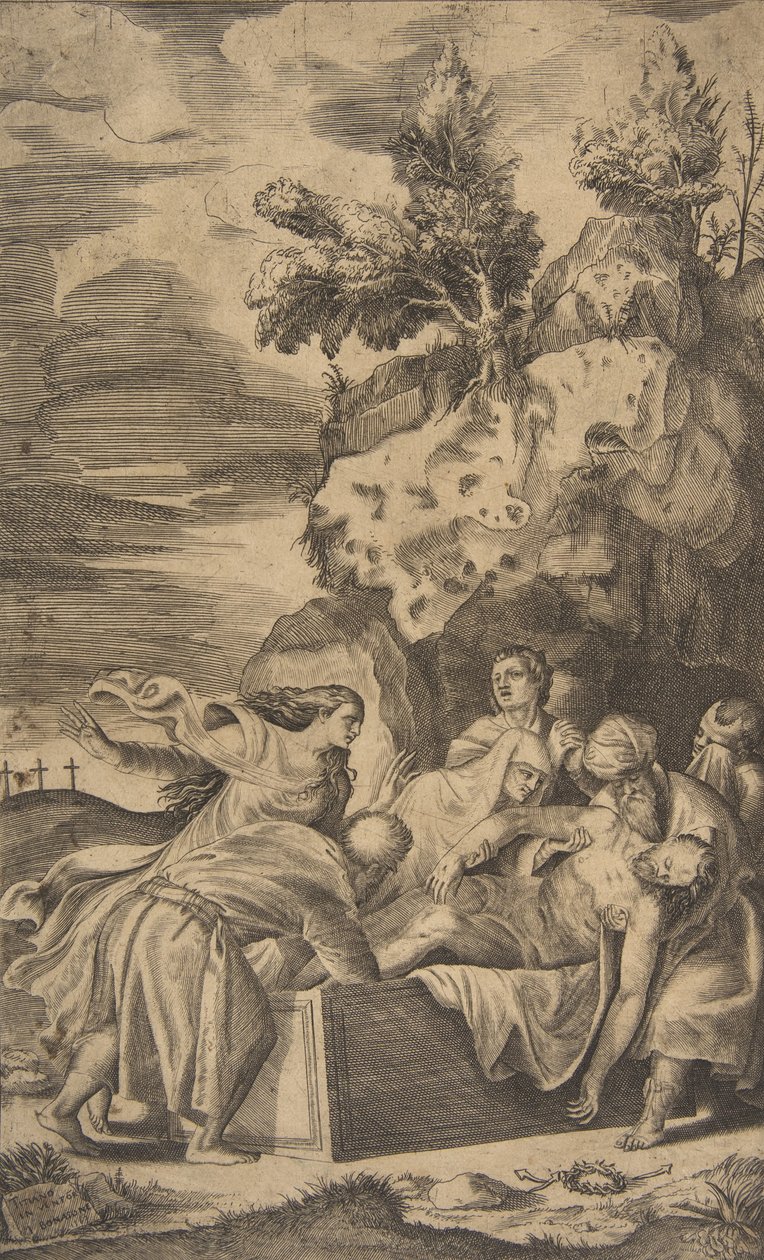 O sepultamento de Cristo, as cruzes do Calvário visíveis no fundo esquerdo, 1563. de Giulio Bonasone