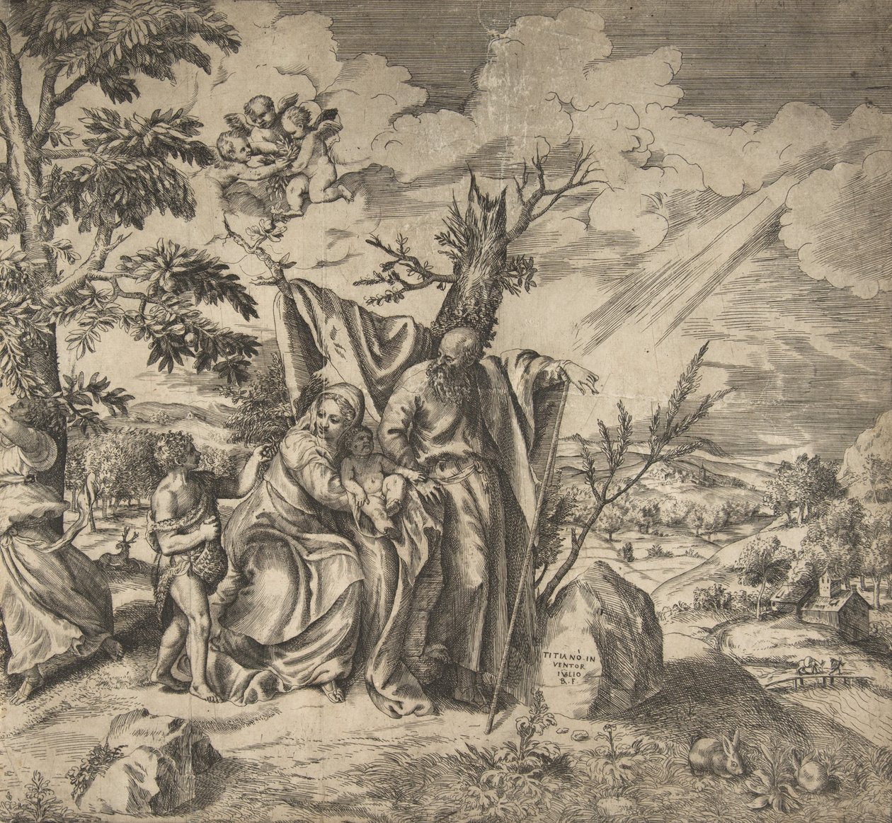 O resto da Sagrada Família em sua fuga para o Egito, 1531-76. de Giulio Bonasone