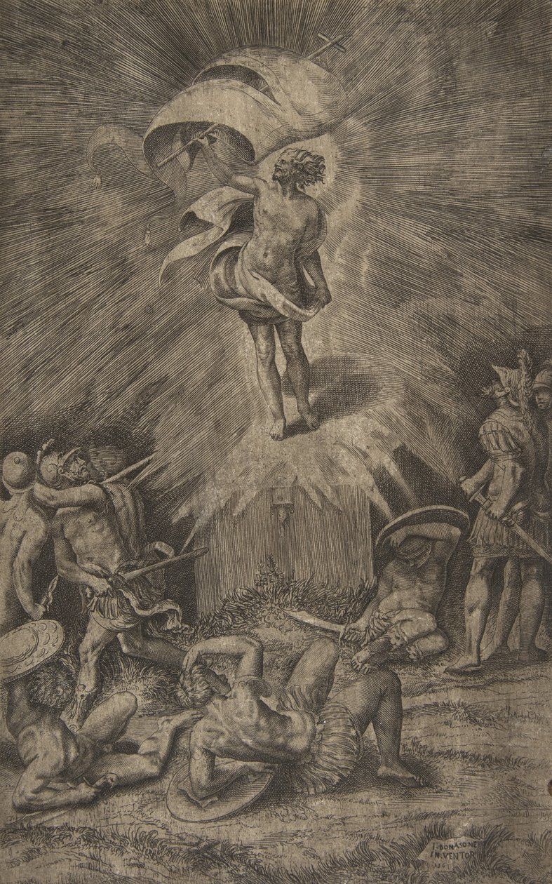 A ressurreição de Cristo, segurando uma bandeira na mão direita, soldados cercando o t..., 1561. de Giulio Bonasone