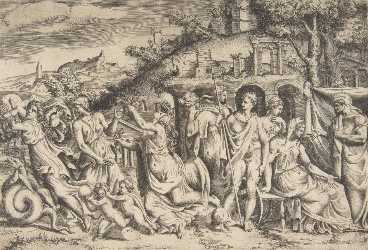 A história de Jasão e Medeia à esquerda ela carrega seu filho, no meio ela está ..., 1531-76. de Giulio Bonasone