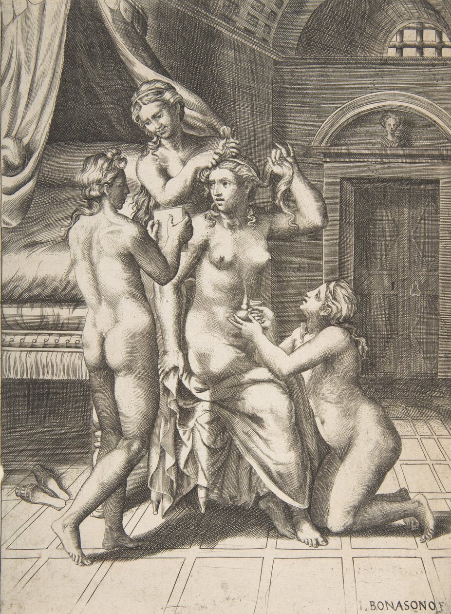 O banheiro de Psique que está sentado no centro sendo atendido, 1531-76. de Giulio Bonasone