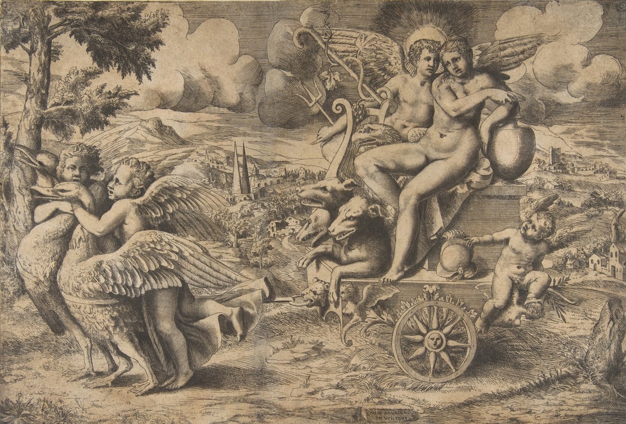 O triunfo de Cupido e Psique que estão sentados em uma carruagem puxada por dois pássaros descansam..., c. 1550-67. de Giulio Bonasone