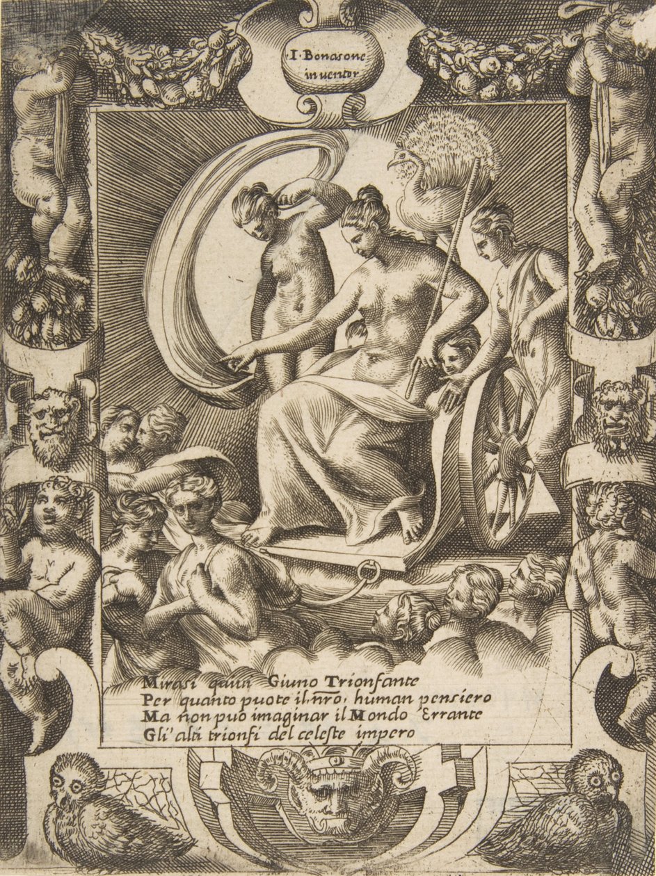 O triunfo de Juno que está sentado em uma carruagem, dentro de uma moldura elaborada, do 