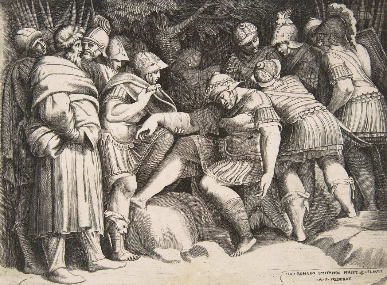 O soldado ferido Cipião no centro cercado por figuras, 1531-76. de Giulio Bonasone