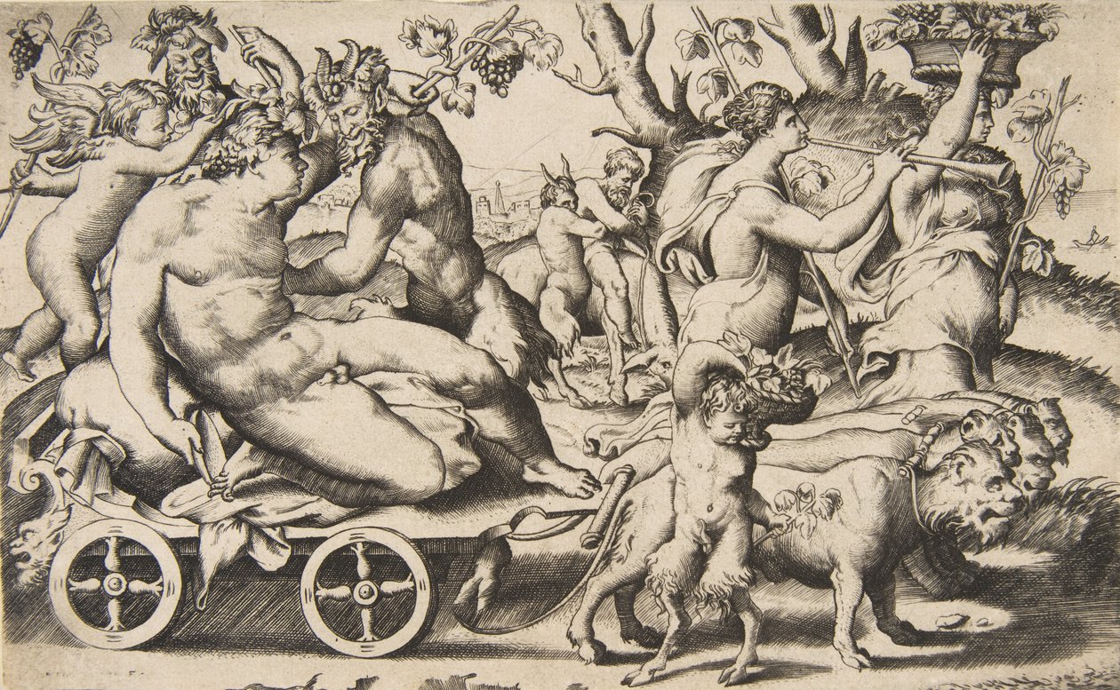Triunfo de Baco que está sentado em uma carruagem à esquerda, 1531-76. de Giulio Bonasone