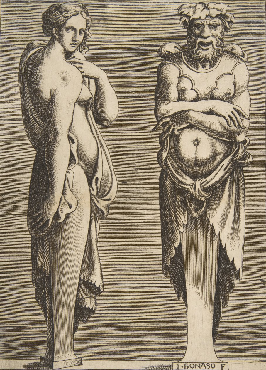 Dois Termos, uma Ninfa à esquerda Silvanus à direita, ca. 1530-50. de Giulio Bonasone