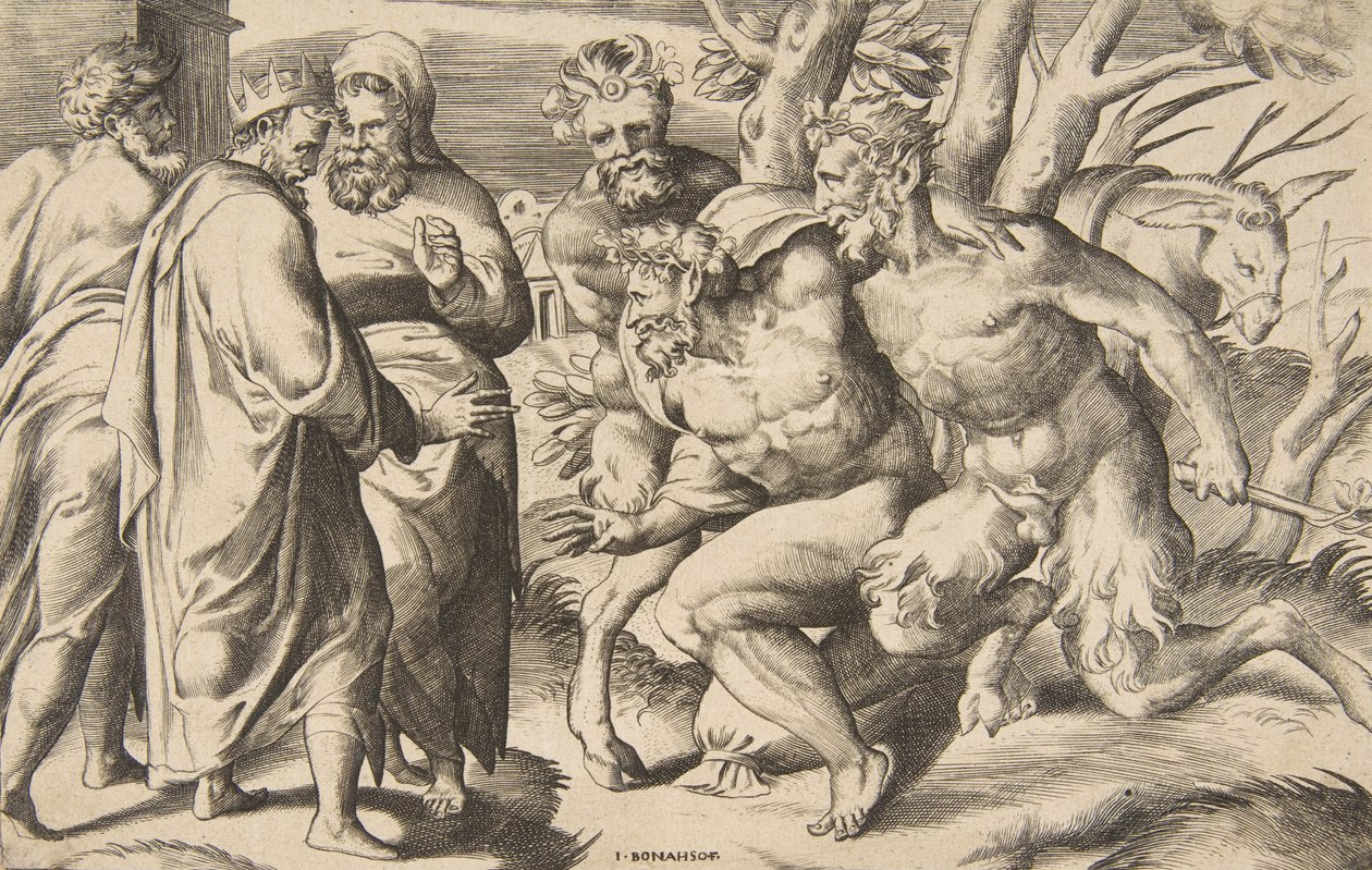 Dois sátiros trazendo Silenus King Midas à esquerda, 1531-76. de Giulio Bonasone