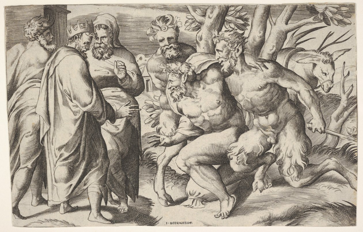Dois sátiros levando Silenus ao rei Midas, que fica à esquerda com dois homens assistentes ..., ca. 1550-80. de Giulio Bonasone