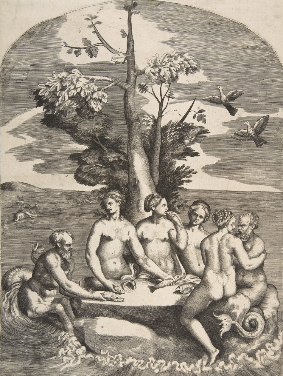 Dois deuses do mar acompanhados por quatro ninfas, 1531-76. de Giulio Bonasone