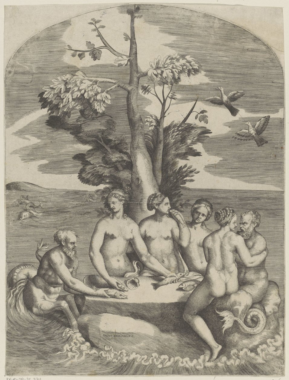 Quatro ninfas e dois deuses do mar de Giulio Bonasone