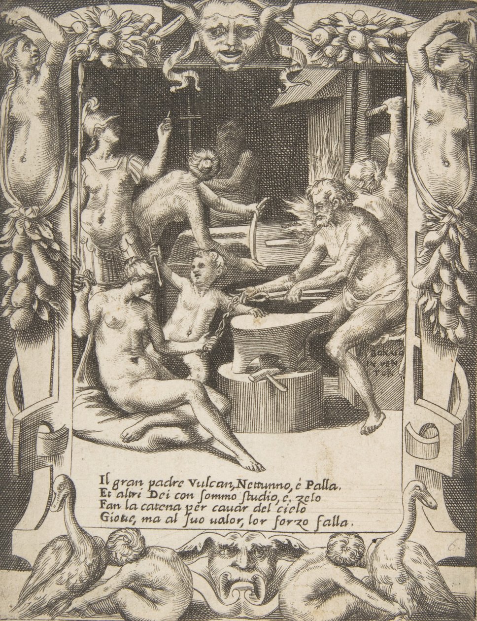 Vulcano, Netuno, Atena e outros Deuses fazendo Algemas para puxar Júpiter dos Céus..., 1531-76. de Giulio Bonasone