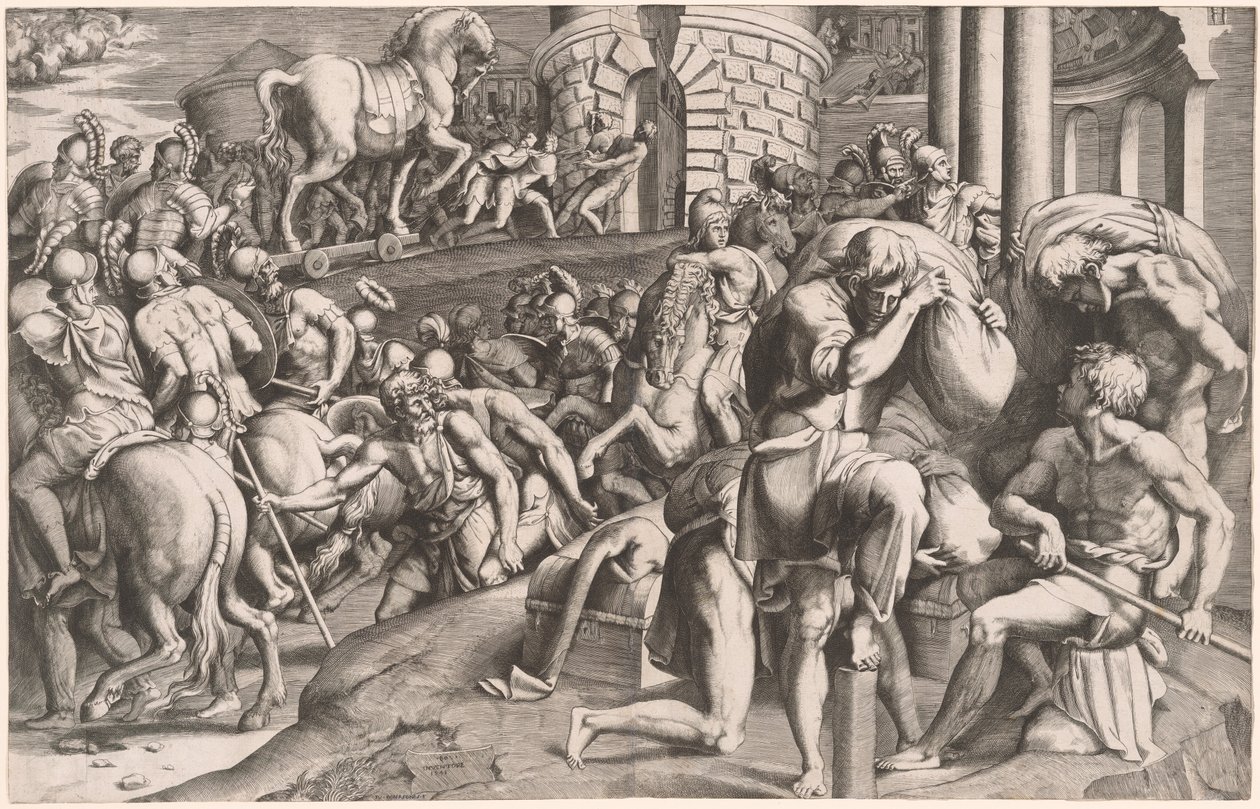 Os troianos transportando o cavalo de madeira para Tróia de Giulio Bonasone, after Francesco Primaticcio