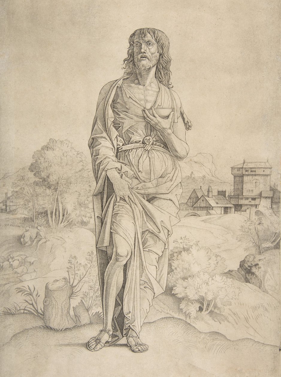 São João Baptista de pé na paisagem, figuras e edifícios ao fundo..., c. 1505-10. de Giulio Campagnola