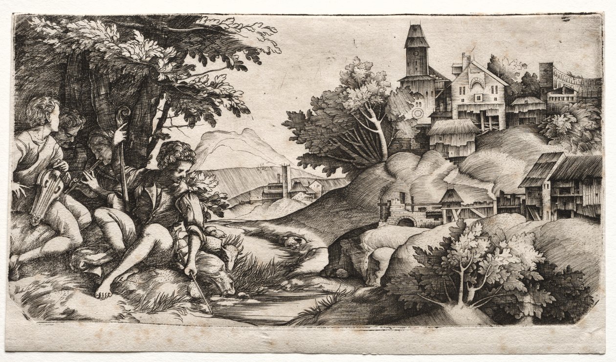 Pastores em uma paisagem de Giulio Campagnola