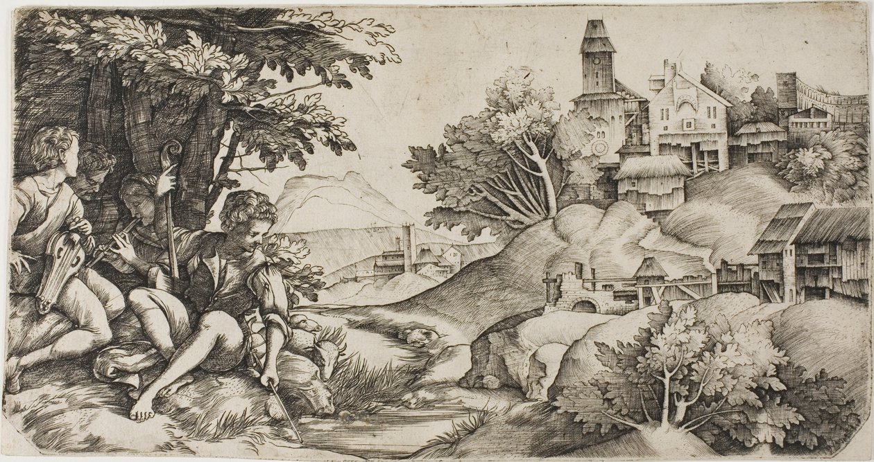 Pastores em uma paisagem de Giulio Campagnola