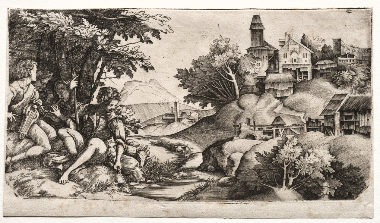 Pastores em uma paisagem, c. 1517 de Giulio Campagnola
