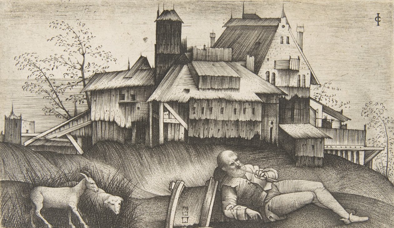 O velho pastor deitado numa paisagem, edifícios atrás, uma cabra e uma ovelha à..., ca. 1500-1515. de Giulio Campagnola