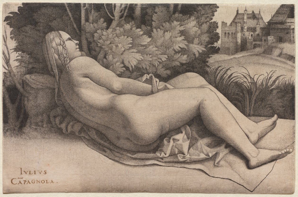 Vênus Reclinado em uma Paisagem, c. 1508-9. de Giulio Campagnola