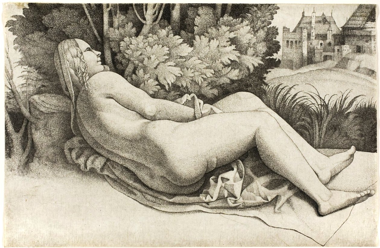 Mulher reclinada em uma paisagem de Giulio Campagnola