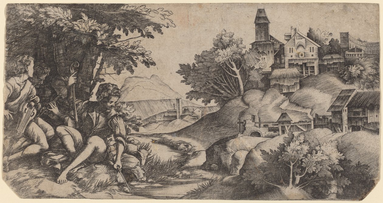 Pastores em uma paisagem de Giulio Campagnola and Domenico Campagnola