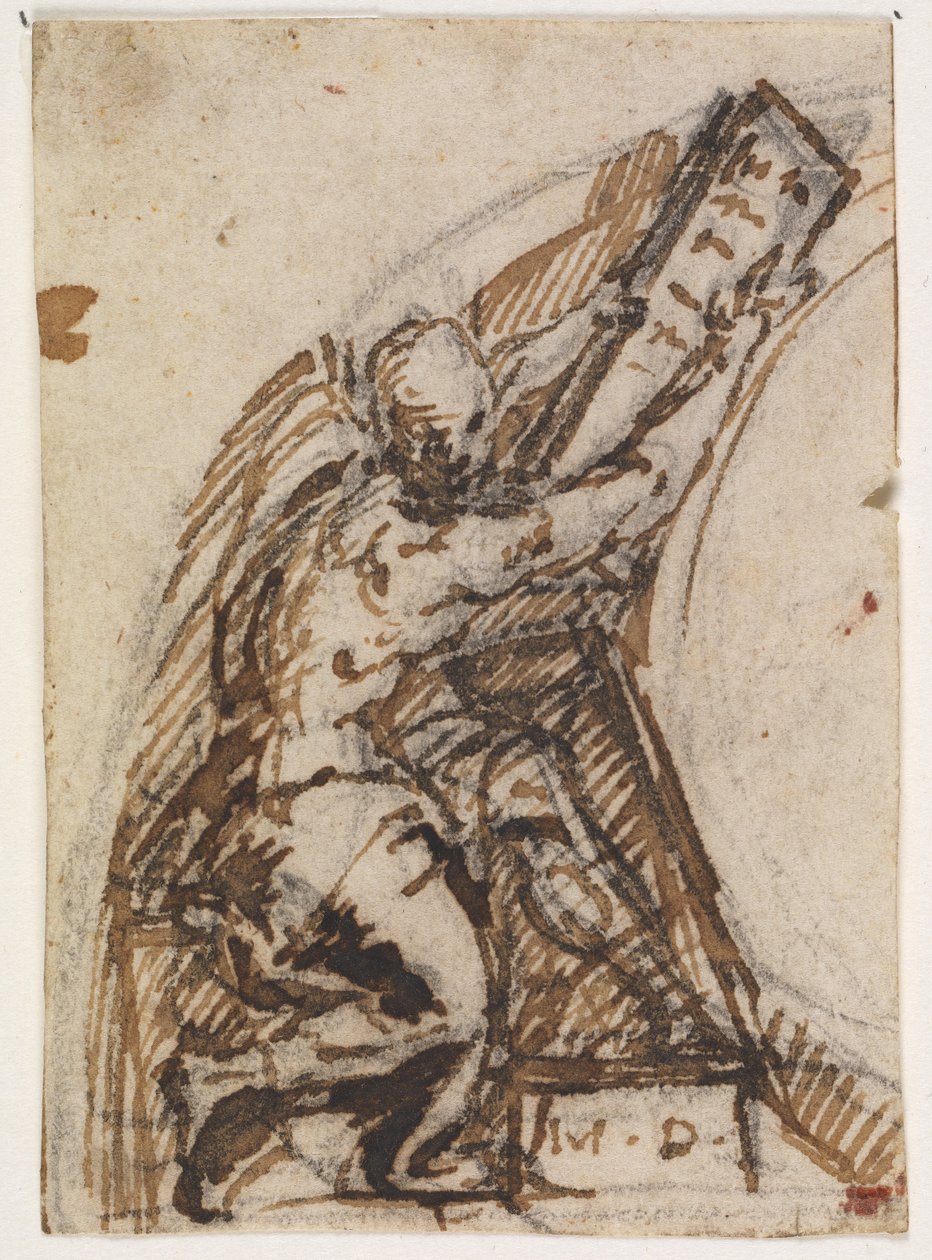 Homem sentado com mesa de escrita (?). Detalhe da arquitetura de Giulio Campi