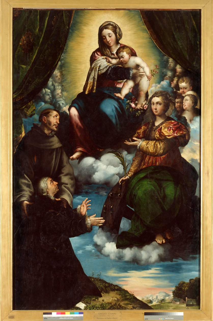 A Virgem e o Menino, Santa Catarina de Alesandria, São Francisco e Pietro Martire Stampa de Giulio Campi