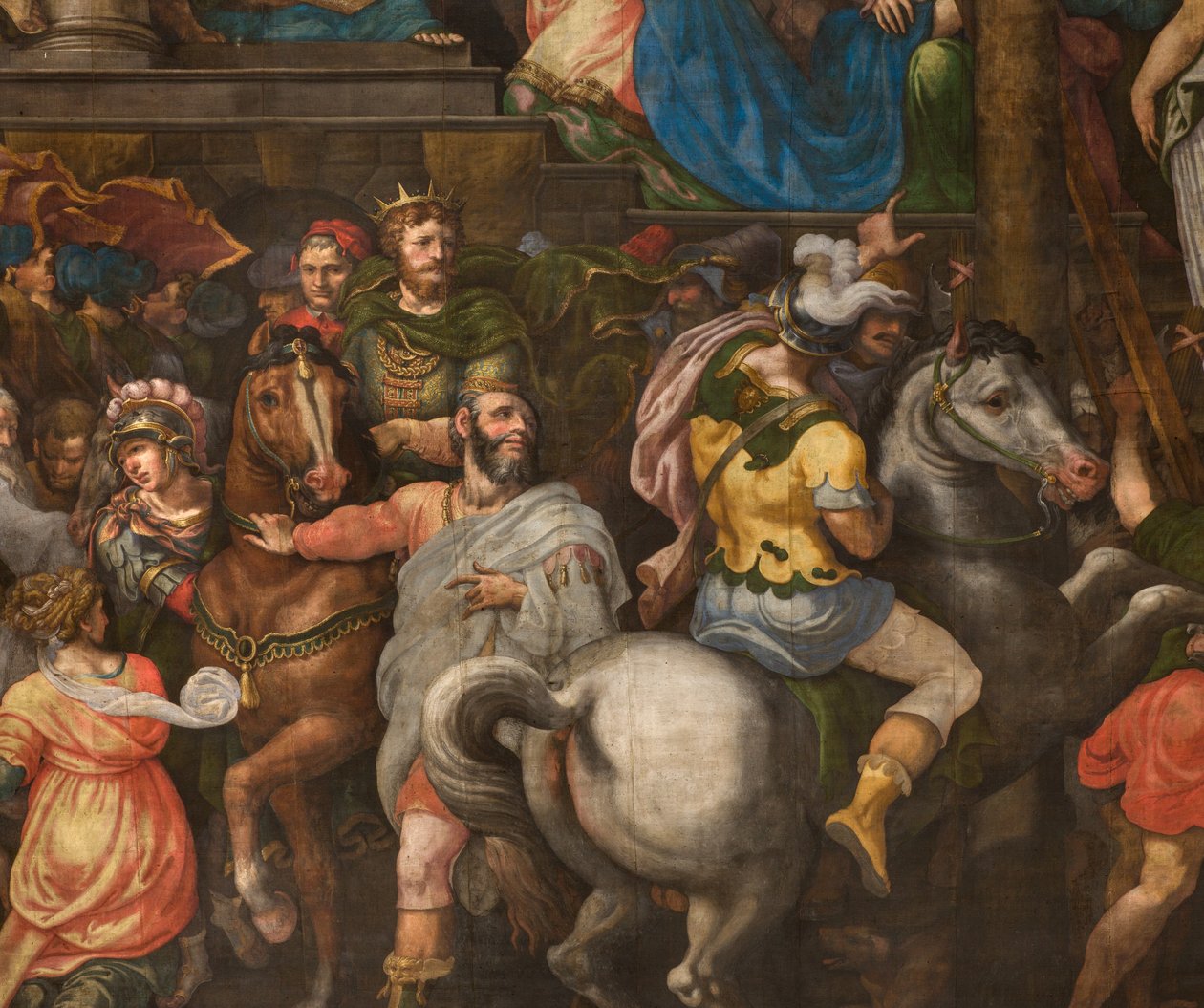 Muro em frente à contra-fachada do transepto sul, Giuseppe Campi, Triunfo de Mordecai 1567, Detalhe da parte inferior de Giulio Campi