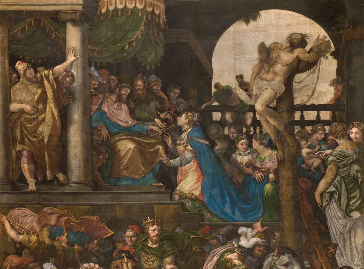 Muro oposto à contra-fachada do transepto sul, Giuseppe Campi, Triunfo de Mordecai 1567, Detalhe parte alta de Giulio Campi