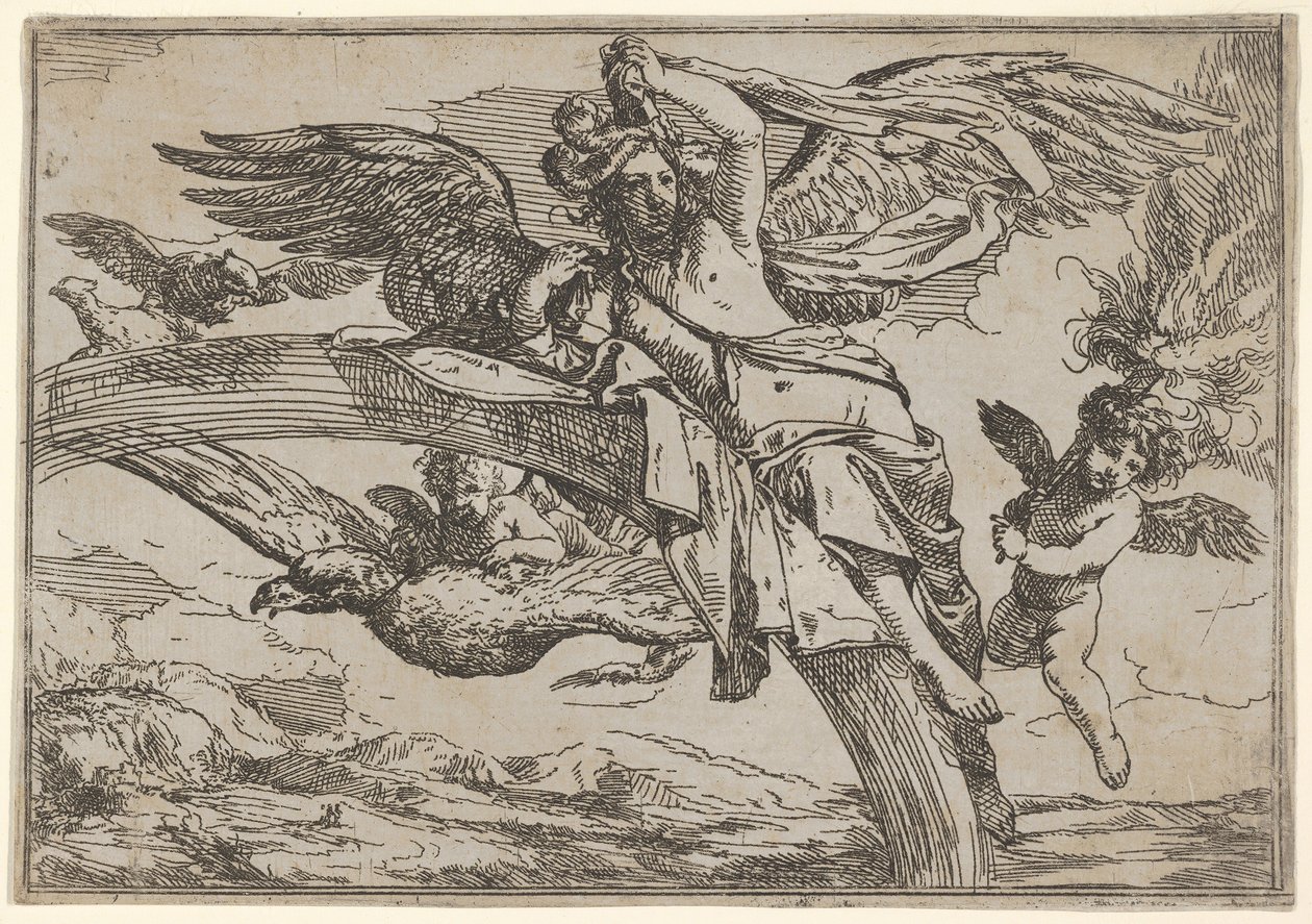 Air, representado por Iris reclinada em seu arco-íris, acompanhada por um putto alado bearin ..., 1640-60. de Giulio Carpioni