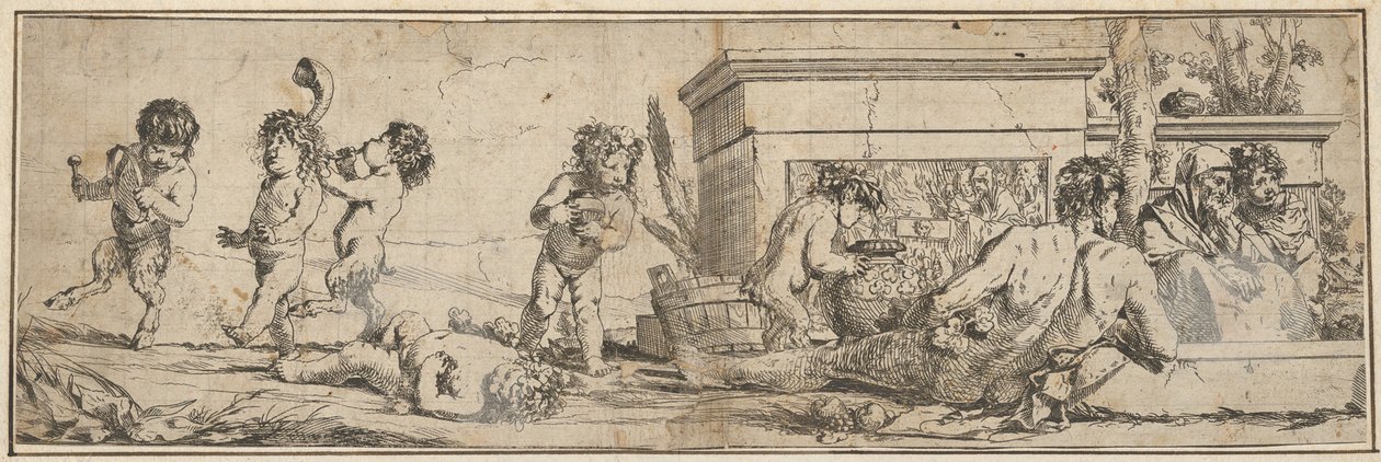 Bacanal com sátiros infantis e putti à esquerda, uma figura masculina nua reclinada na frente..., 1633-78. de Giulio Carpioni
