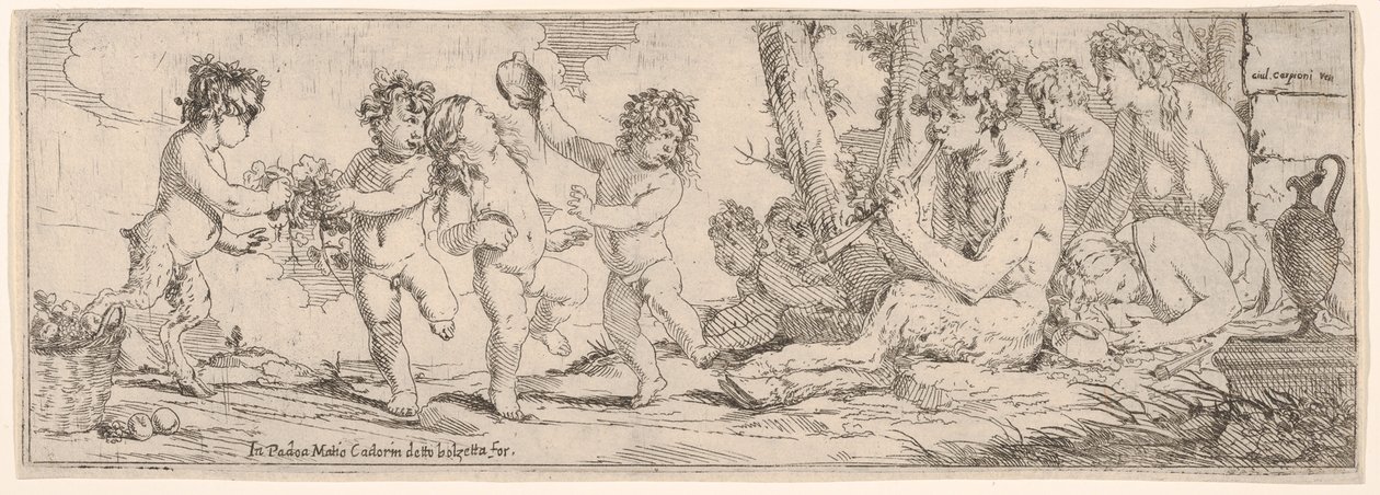Bacanal com sátiro tocando alaúde e cercado por quatro figuras, que olham para um s..., 1640-60. de Giulio Carpioni