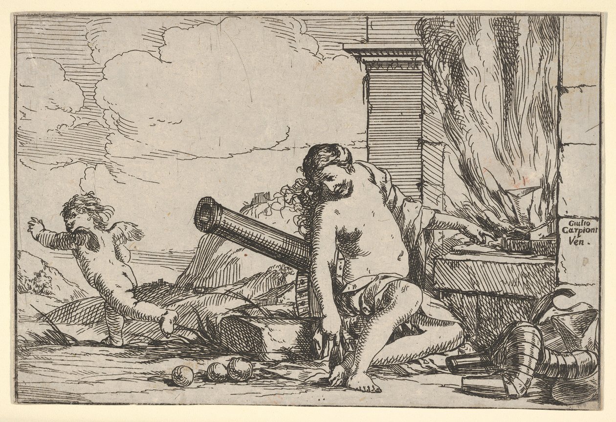 Fogo, representado por Vênus sentado diante da forja dos vulcanos, com armadura, canhão e canhão ..., 1640-60. de Giulio Carpioni