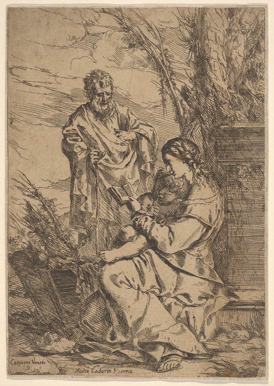 Sagrada Família com a Virgem lendo, a Virgem está de perfil com um livro à sua esquerda ..., 1640-60. de Giulio Carpioni
