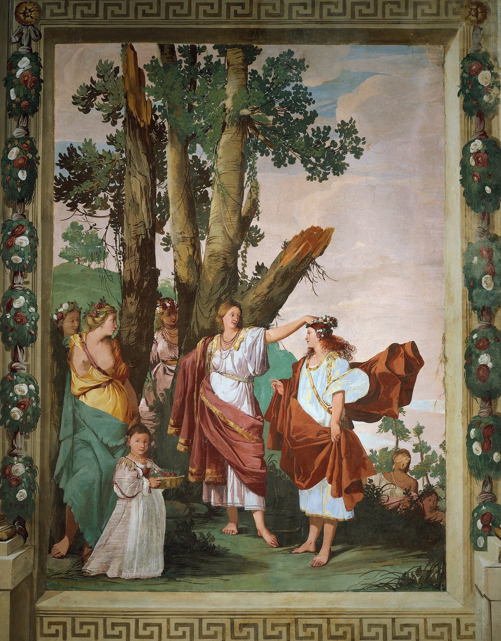 Ninfa Amaryllis coroada vencedora do concurso do beijo, afresco de Giulio Carpioni, inspirada na peça pastoral The Faithful Shepherd, de Giovanni Battista Guarini (1538-1612), Villa Caldogno (Patrimônio Mundial da UNESCO) de Giulio Carpioni