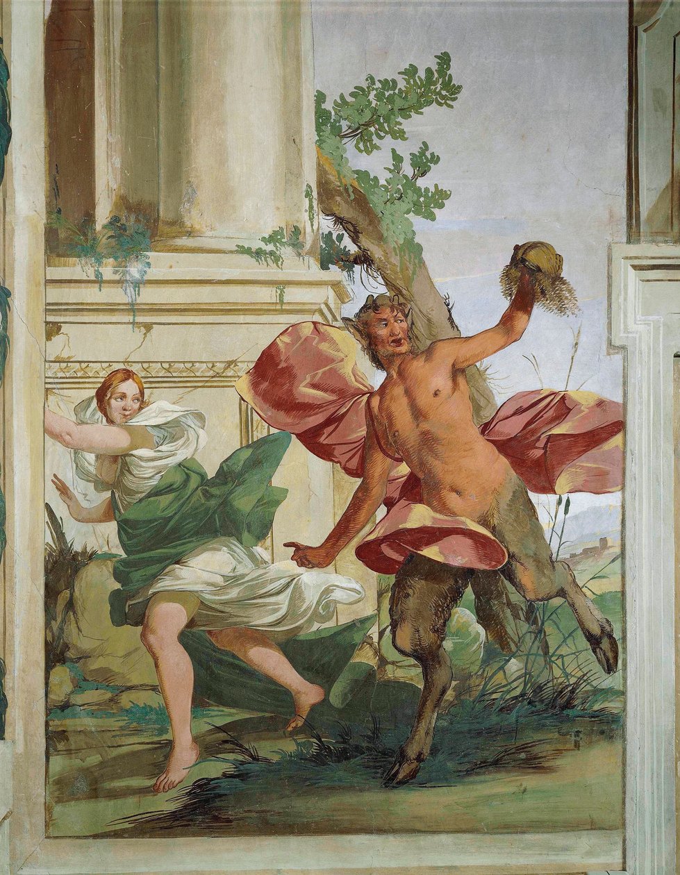 Ninfa Córsega perseguida por Satyr que arrancou sua peruca por Giulio Carpioni de Giulio Carpioni