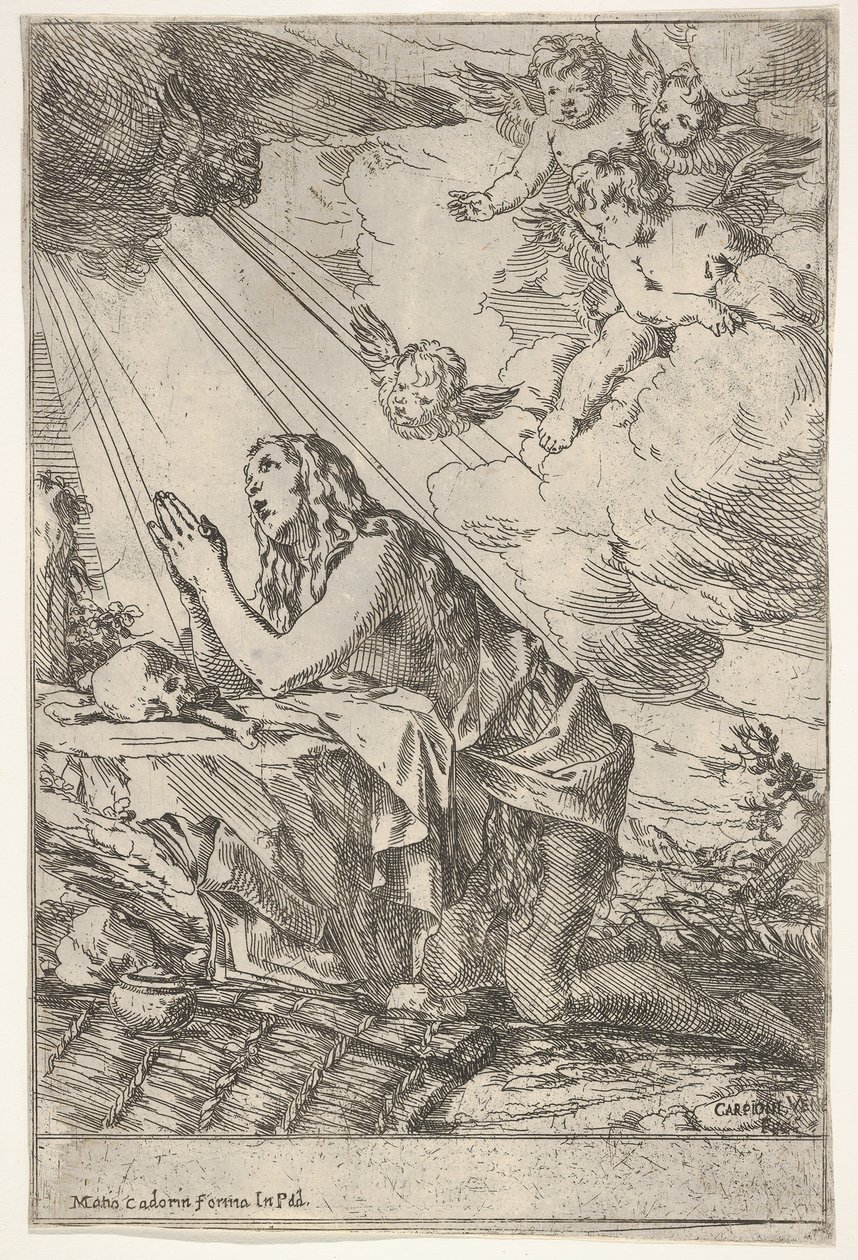 Penitente Magdalen ajoelhada em um terreno rochoso diante de uma caveira e ossos, uma pomada ..., ca. 1640-55. de Giulio Carpioni