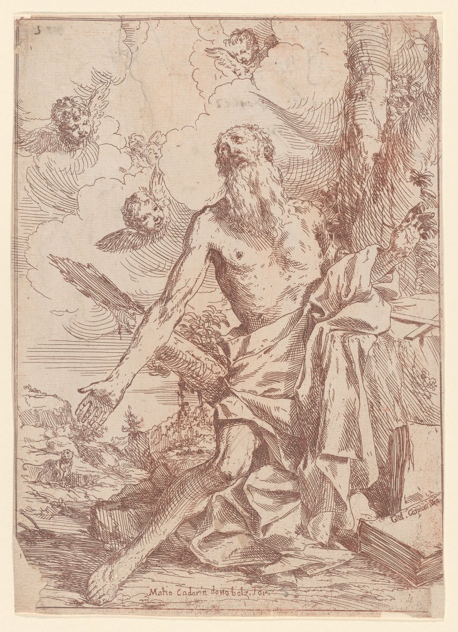 São Jerônimo ajoelhado ao lado de uma árvore com os braços estendidos, 1640-60. de Giulio Carpioni