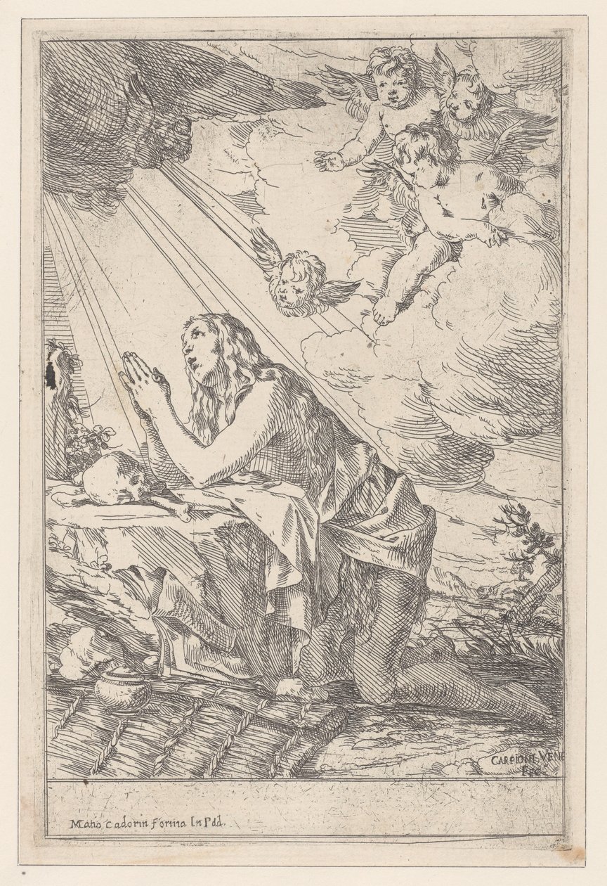 A penitente Santa Maria Madalena, ajoelhada diante de uma caveira e ossos, 1640-60. de Giulio Carpioni