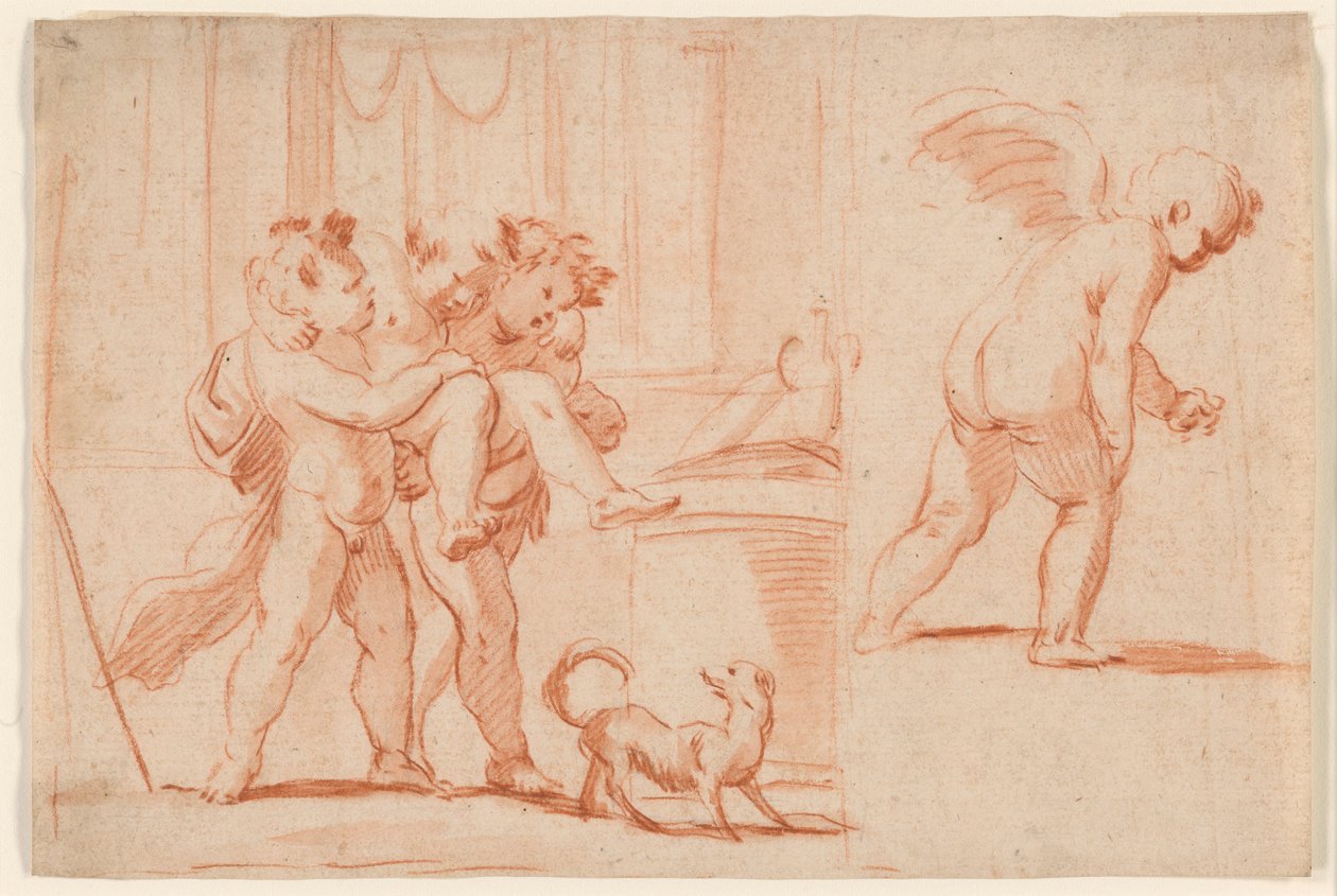 Dois Putti carregando um terceiro Putto; outro Putto da retaguarda de Giulio Carpioni