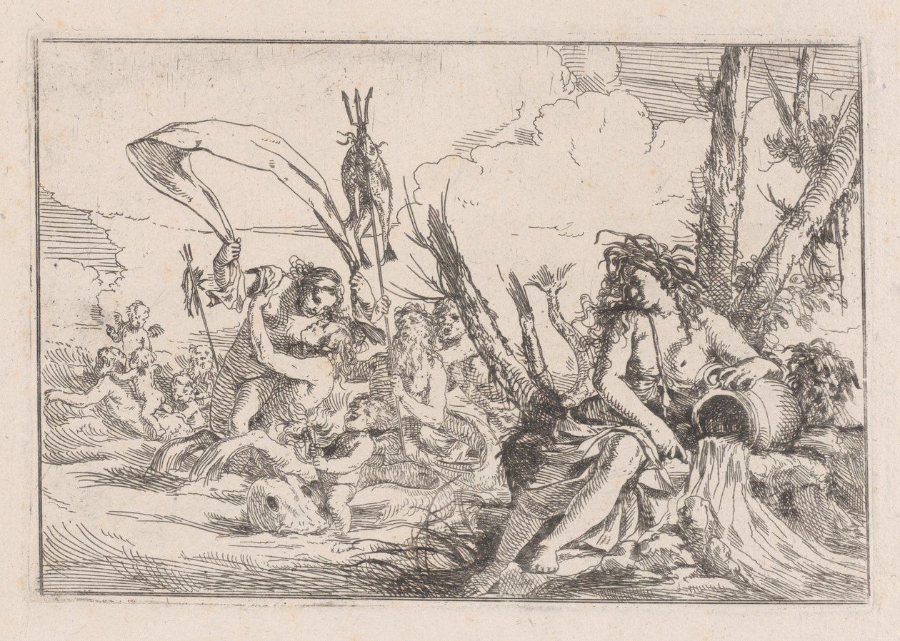 Água, representada por uma náiade sentada na base de uma árvore..., 1640-60. de Giulio Carpioni