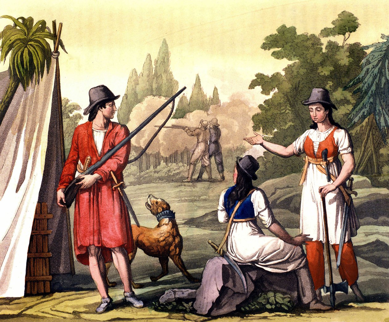 Bucaneiros e mulheres flibustier: o pirata Jack Rackham diz o Red ou John Rackham, mais conhecido como Calico Jack (? -1720) representado com Anne Bonny (Bonney) e Mary (Marc) Read nas Índias Ocidentais. Placa retirada de “” O traje antigo e moderno” de F de Giulio Ferrario
