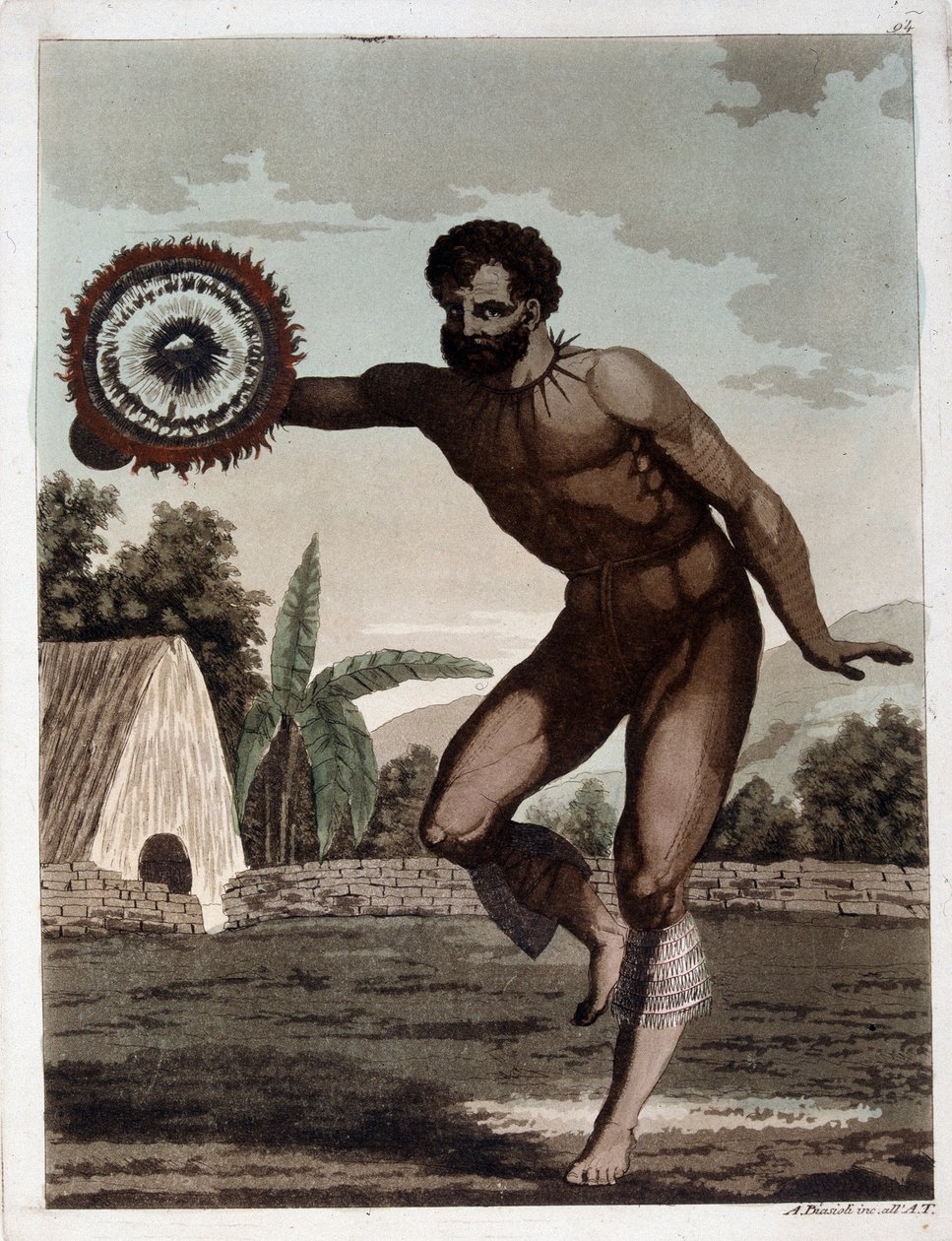 Dança das Ilhas Sandwich (Hawaii) - em "Le Costume Ancien et Moderne" pelo Dr. Jules Ferrario, ed. Milan de Giulio Ferrario