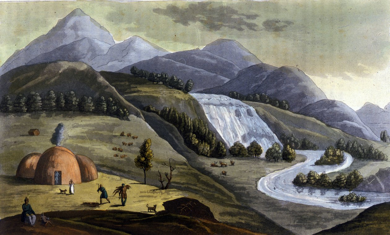 Paisagem da Lapónia (territórios pertencentes à Noruega, Suécia, Finlândia e Rússia), habitações dos indígenas (Sami) em "The old and modern costume" de Ferrario, ed. Milão de Giulio Ferrario